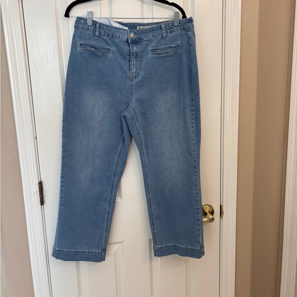 Luvamia XL Blue Jeans Cropped with front pockets button fly jeans